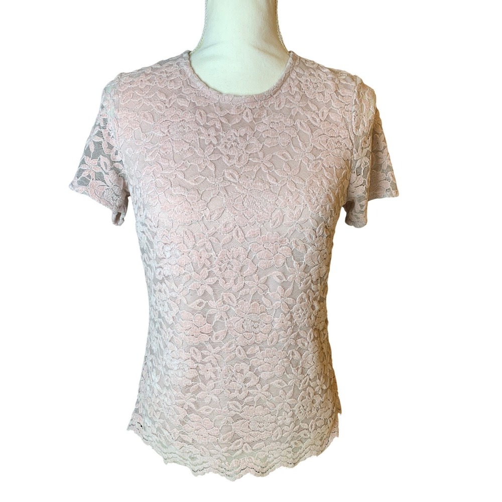 Teddi Rose Womens XS Pink Floral Lace Short Sleeve Keyhole Back Top Preloved